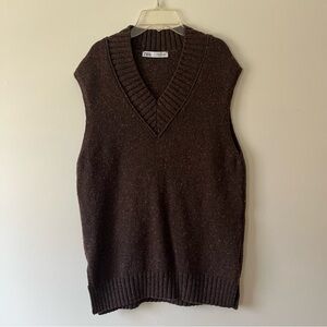 ZARA Oversized Sweater Vest Small Chocolate Brown V Neck